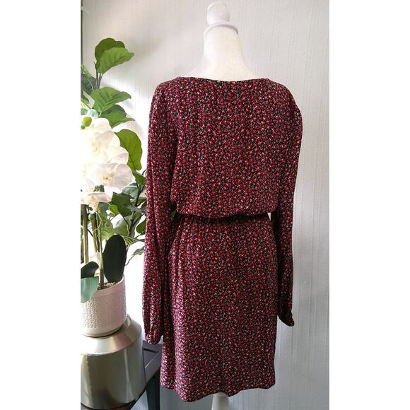 Loft Long Sleeve Side Tie Swing Dress Red Mini Floral Print-NWT Women's Large - Picture 4 of 10
